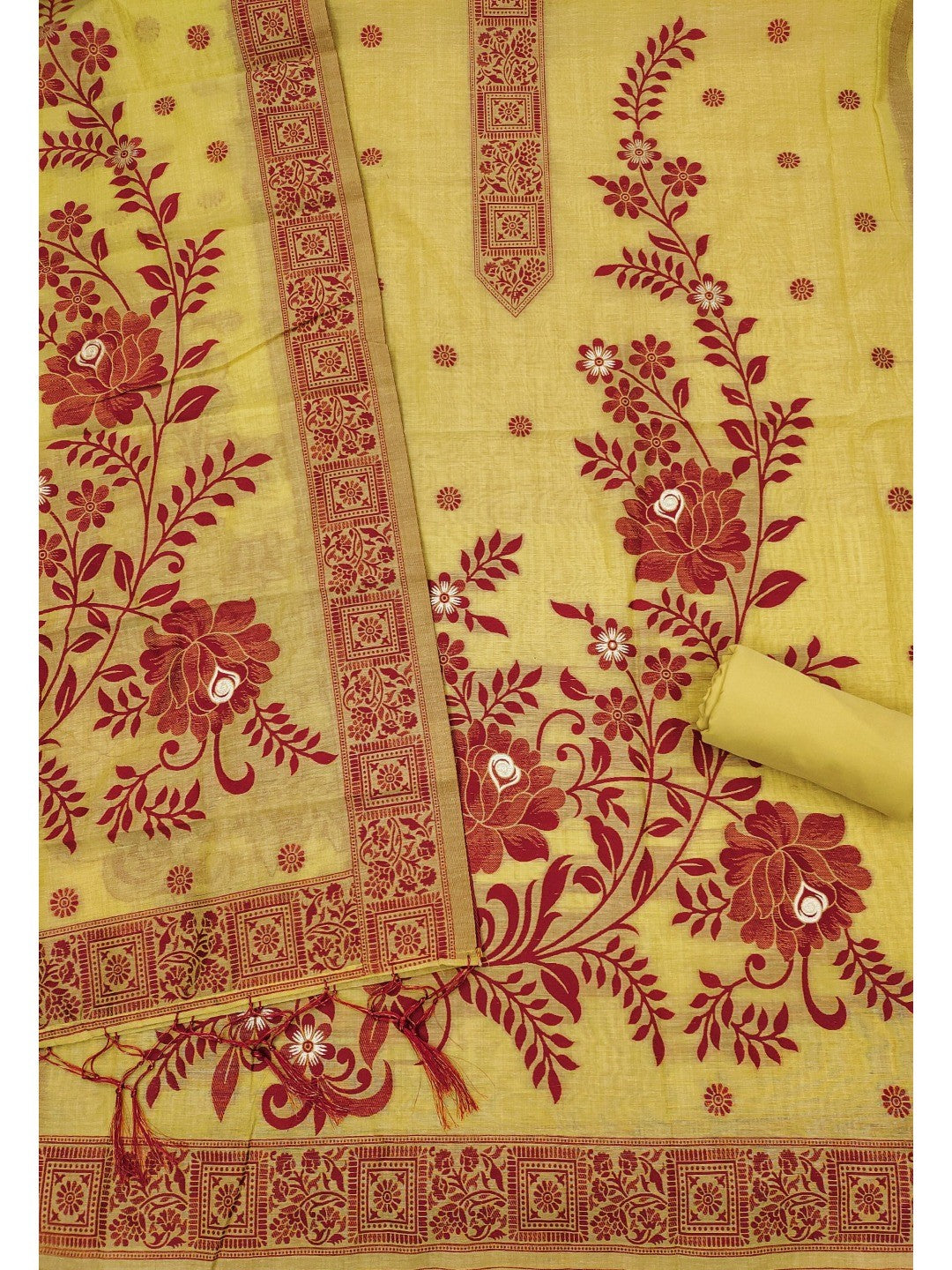 Yellow Cotton Blend Dress Material with Floral Patterns and Jamdani Woven Detailing - Image 5