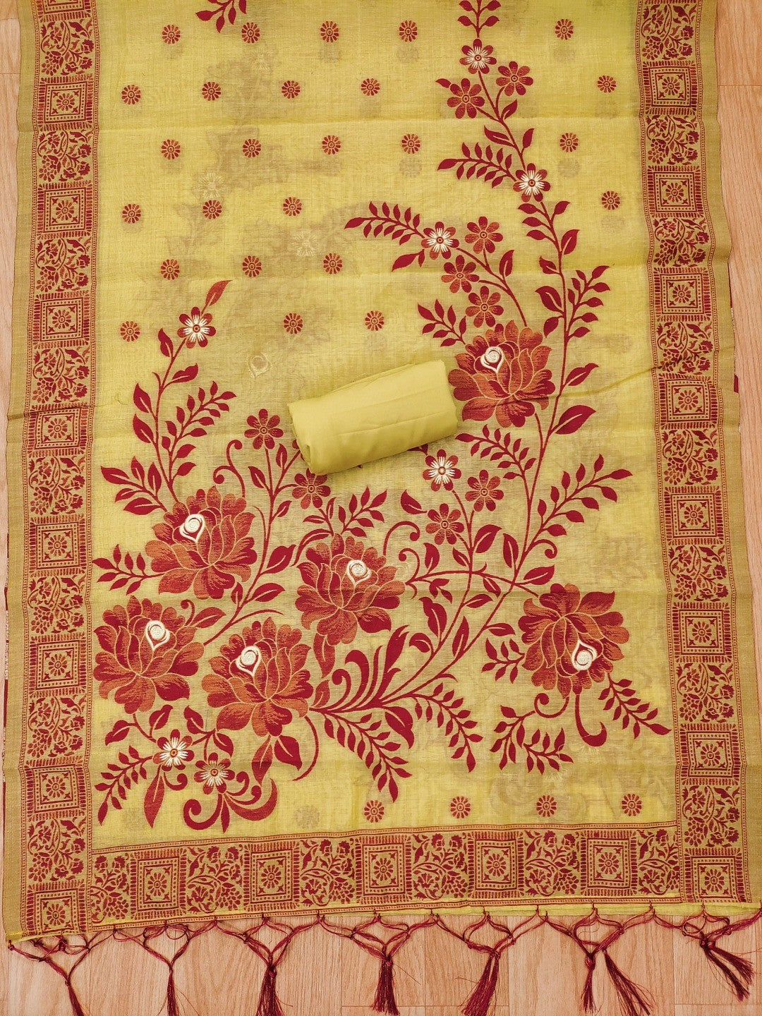Yellow Cotton Blend Dress Material with Floral Patterns and Jamdani Woven Detailing - Image 3