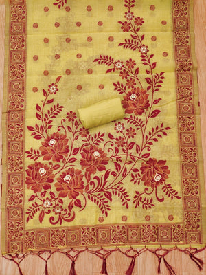 Yellow Cotton Blend Dress Material with Floral Patterns and Jamdani Woven Detailing - Image 2