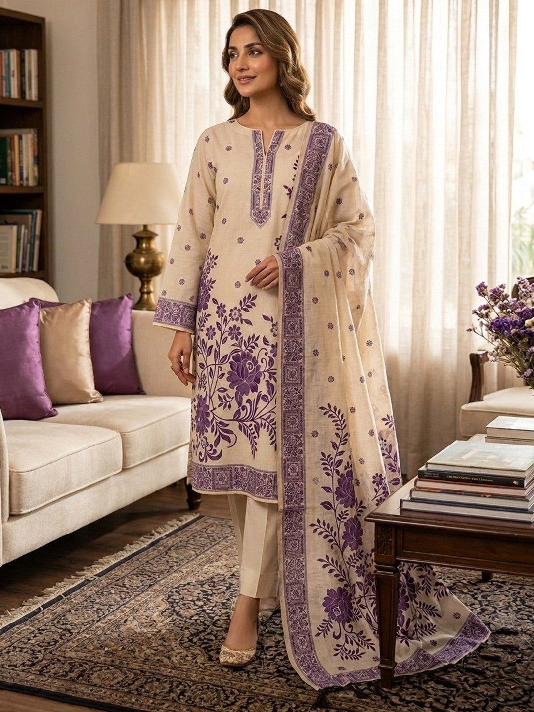 Cream Cotton Blend Dress Material with Floral Patterns and Jamdani Woven Detailing - Image 2