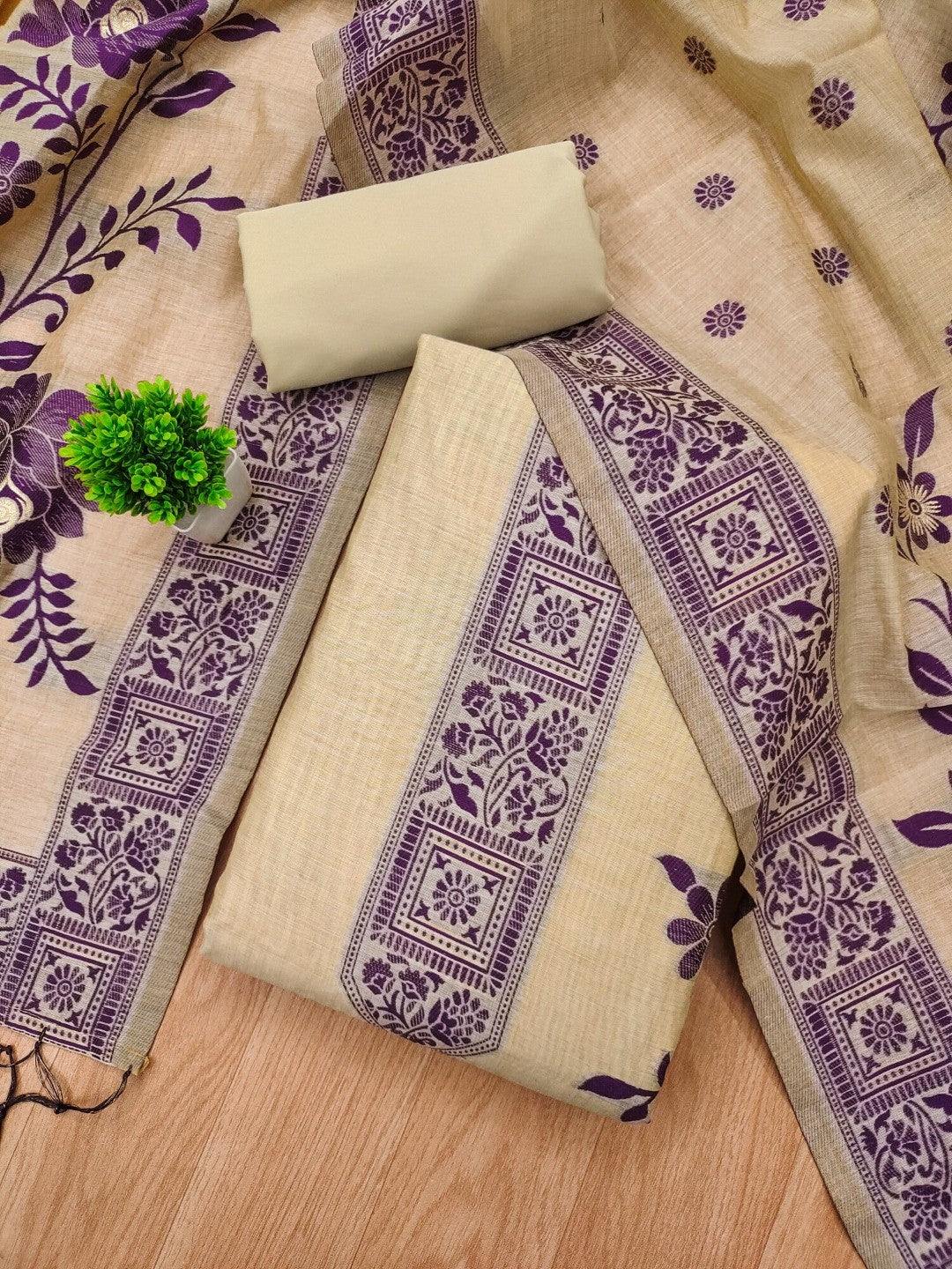 Cream Cotton Blend Dress Material with Floral Patterns and Jamdani Woven Detailing - Image 3