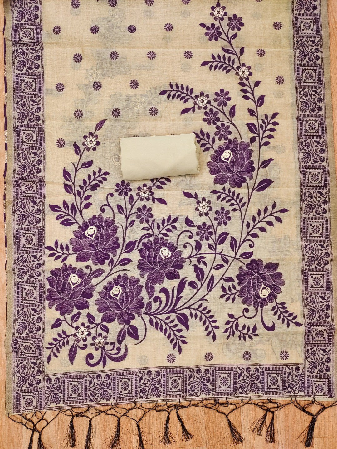 Cream Cotton Blend Dress Material with Floral Patterns and Jamdani Woven Detailing - Image 5