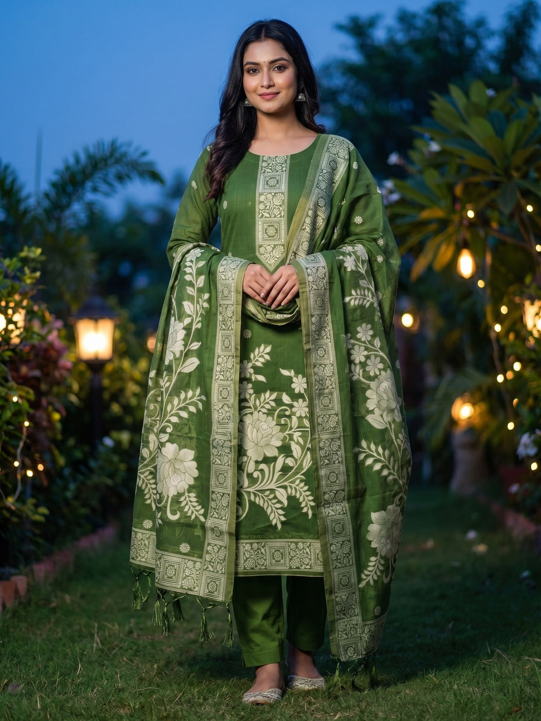Green Cotton Blend Dress Material with Floral Patterns and Jamdani Woven Detailing - Image 1