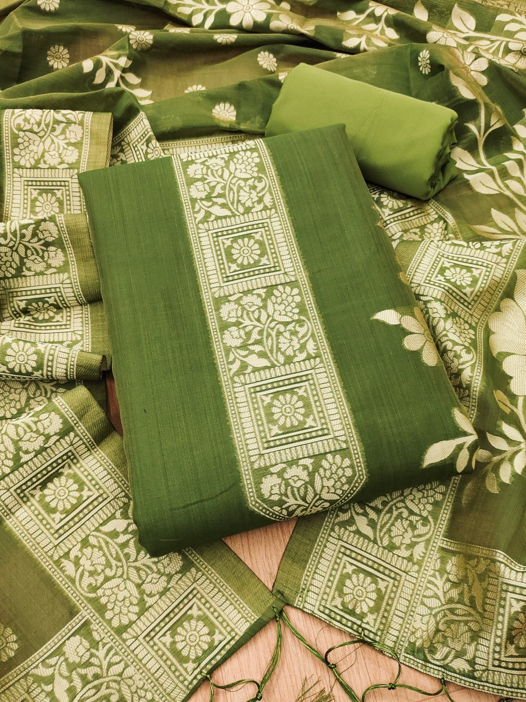 Green Cotton Blend Dress Material with Floral Patterns and Jamdani Woven Detailing - Image 3