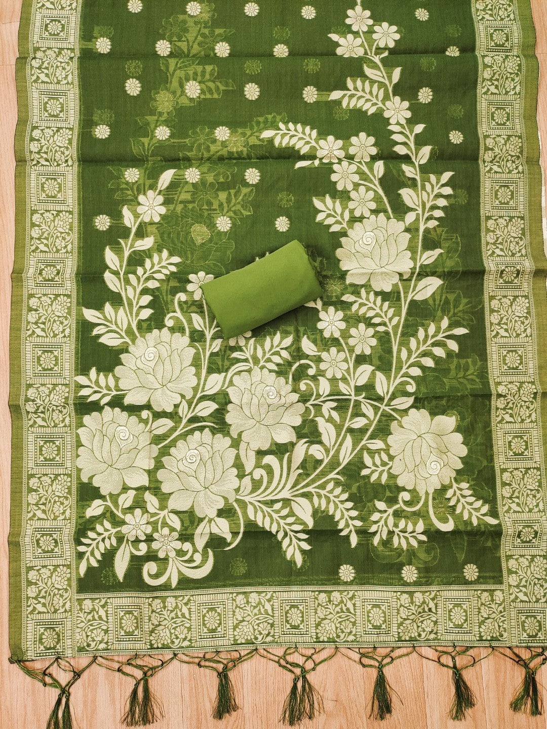 Green Cotton Blend Dress Material with Floral Patterns and Jamdani Woven Detailing - Image 2
