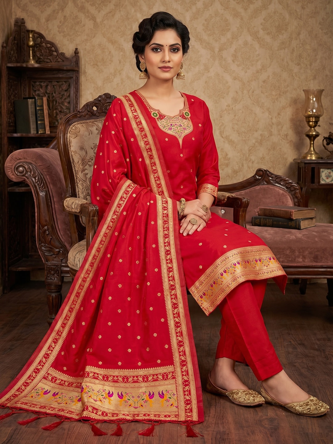 Elegant Red Banarasi Silk Unstitched Dress Material with Dupatta - Image 1
