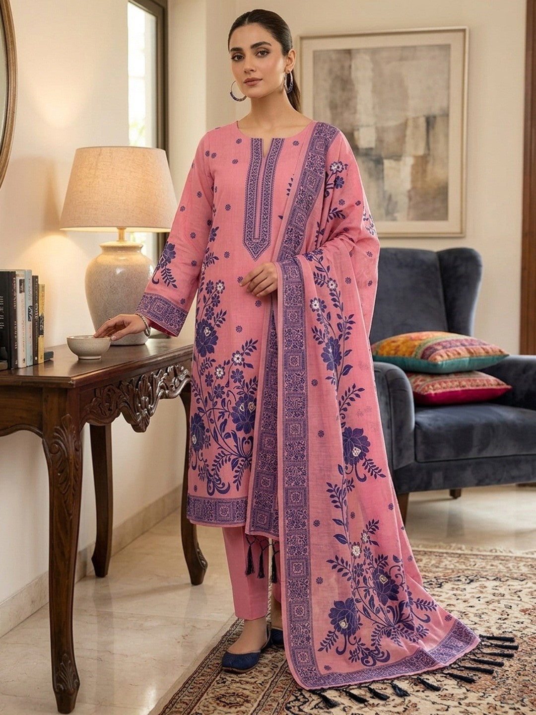 Pink Cotton Blend Dress Material with Floral Patterns and Jamdani Woven Detailing - Image 2