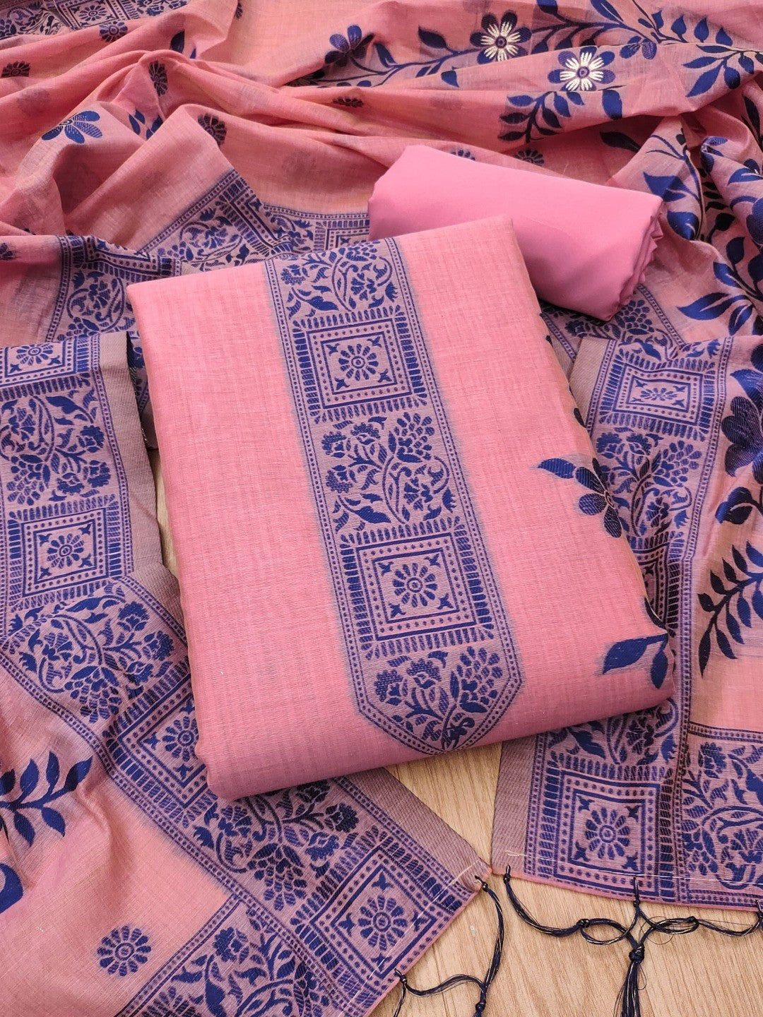 Pink Cotton Blend Dress Material with Floral Patterns and Jamdani Woven Detailing - Image 1