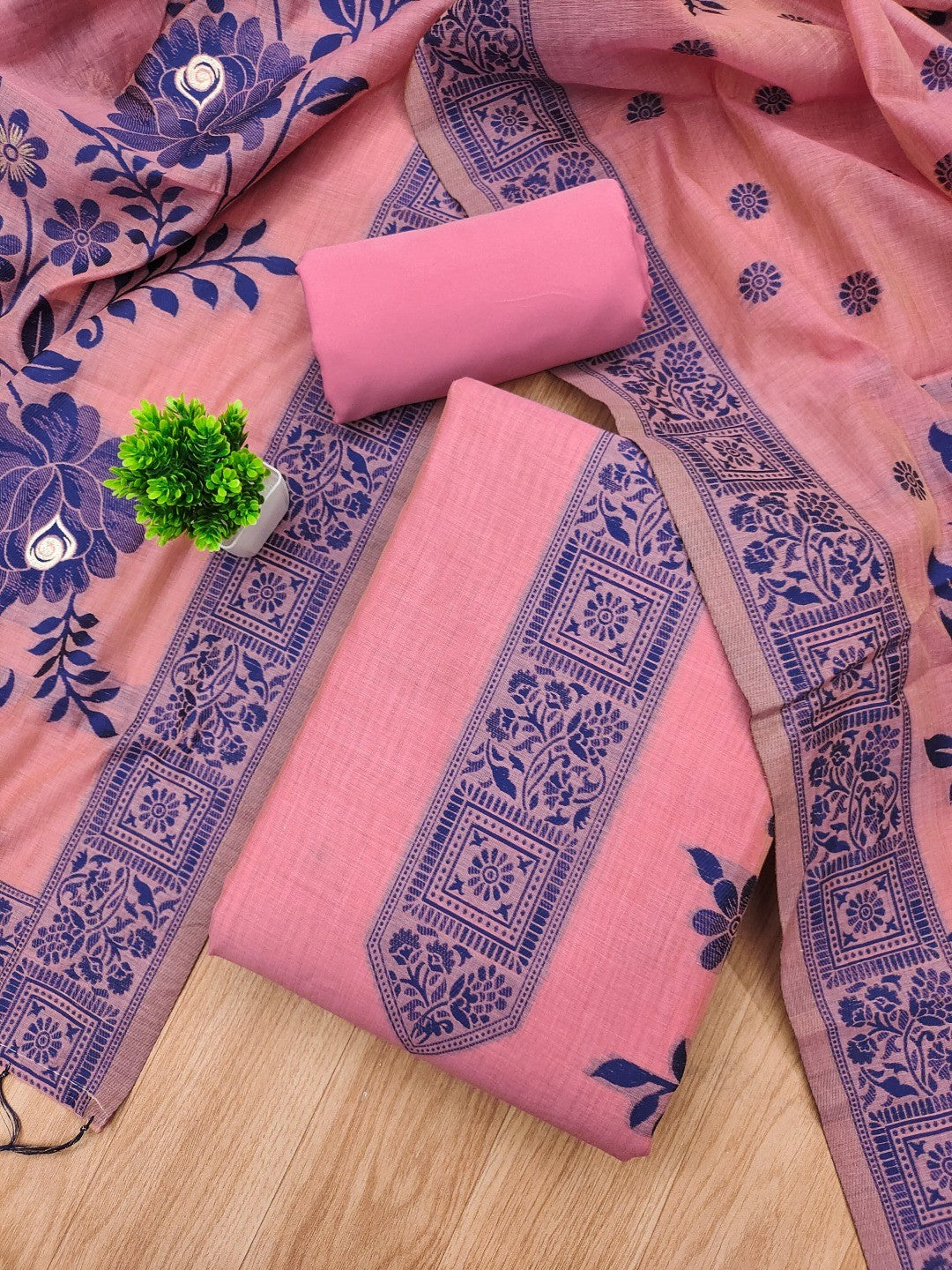 Pink Cotton Blend Dress Material with Floral Patterns and Jamdani Woven Detailing - Image 5