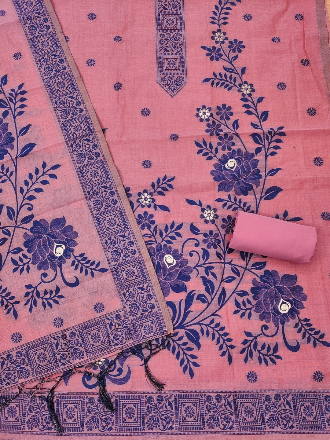 Pink Cotton Blend Dress Material with Floral Patterns and Jamdani Woven Detailing - Image 4