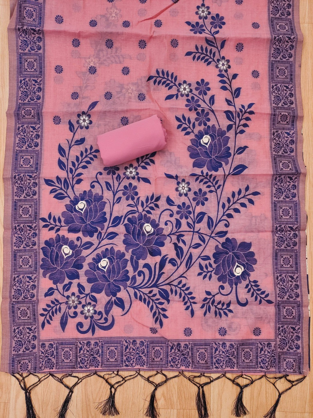 Pink Cotton Blend Dress Material with Floral Patterns and Jamdani Woven Detailing - Image 3