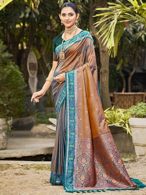 Graceful Brown Paisley & Floral Design Zari Work Silk Blend Saree With Attractive Tassels Pallu - Image 1
