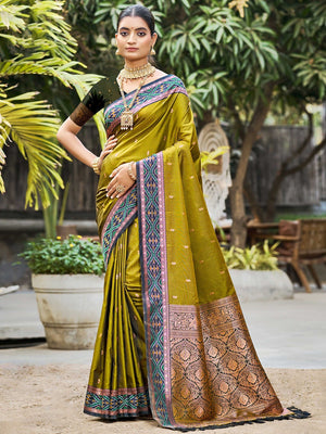 Graceful Mehendi Green Paisley & Floral Design Zari Work Silk Blend Saree With Attractive Tassels Pallu - Image 1