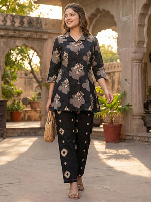 Black Pure Cotton A-Line Top and Bottom Set with Subtle Floral Prints - Image 1