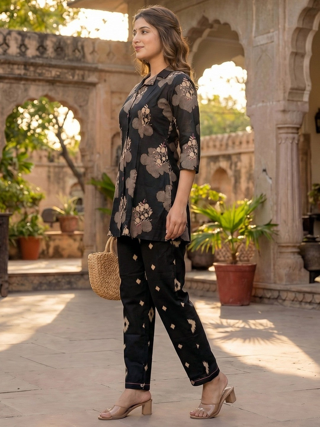 Black Pure Cotton A-Line Top and Bottom Set with Subtle Floral Prints - Image 4