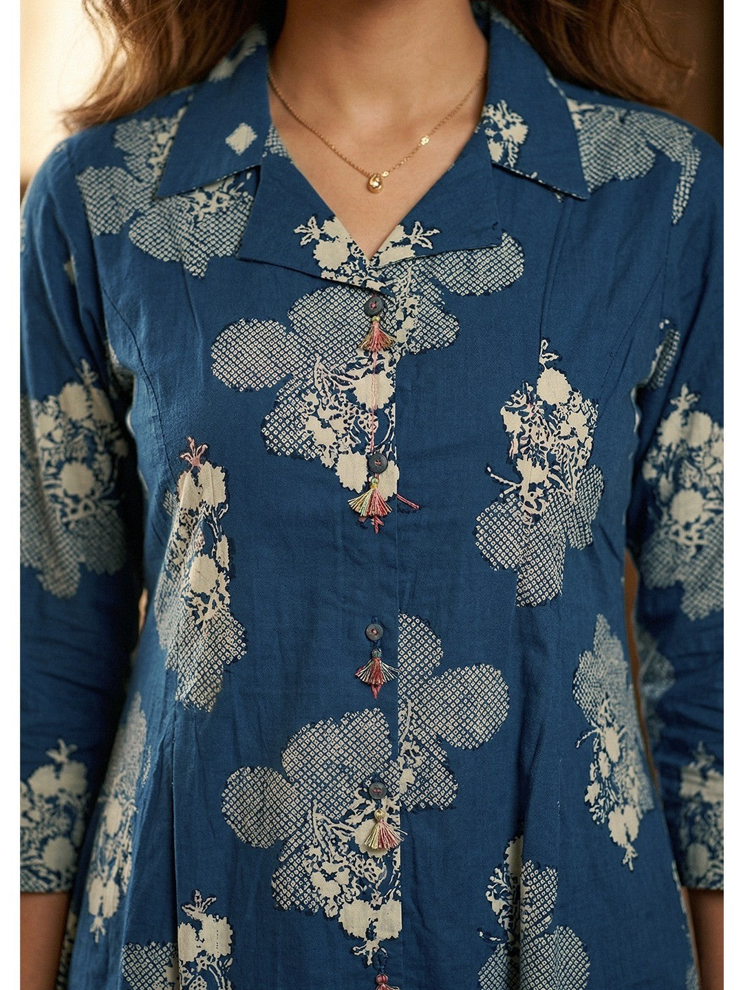 Blue Pure Cotton A-Line Top and Bottom Set with Subtle Floral Prints - Image 3