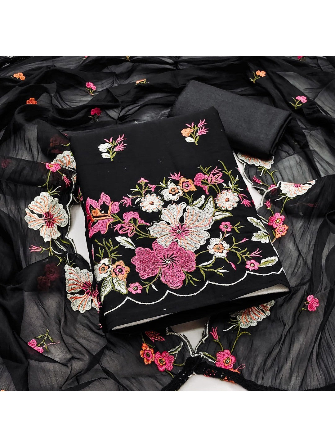 Classic Black Floral Thread Embroidered Roman Art Silk Dress Material Adorned With Sequins Work - Image 3