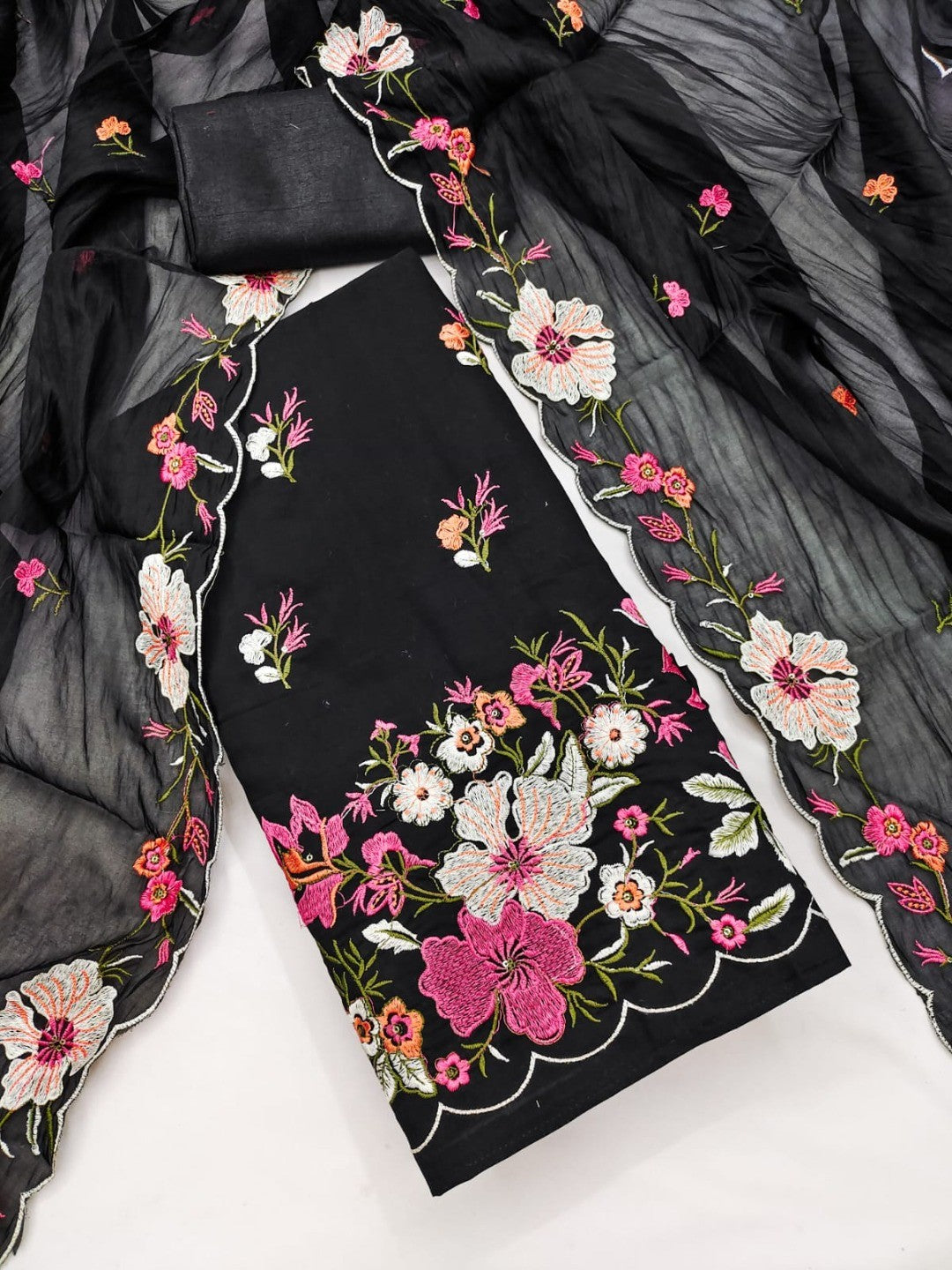 Classic Black Floral Thread Embroidered Roman Art Silk Dress Material Adorned With Sequins Work - Image 4