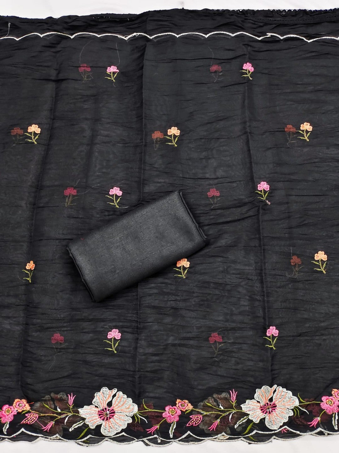 Classic Black Floral Thread Embroidered Roman Art Silk Dress Material Adorned With Sequins Work - Image 2