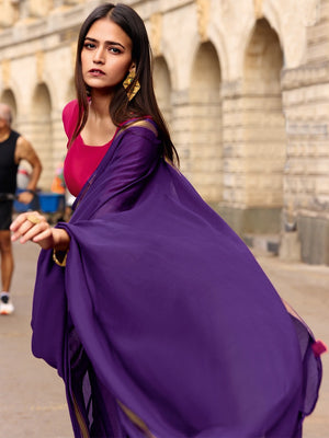 Charming Purple Solid Mulmul Cotton Saree Highlighted By Zari Weaving Border & Tassel Pallu - Image 2