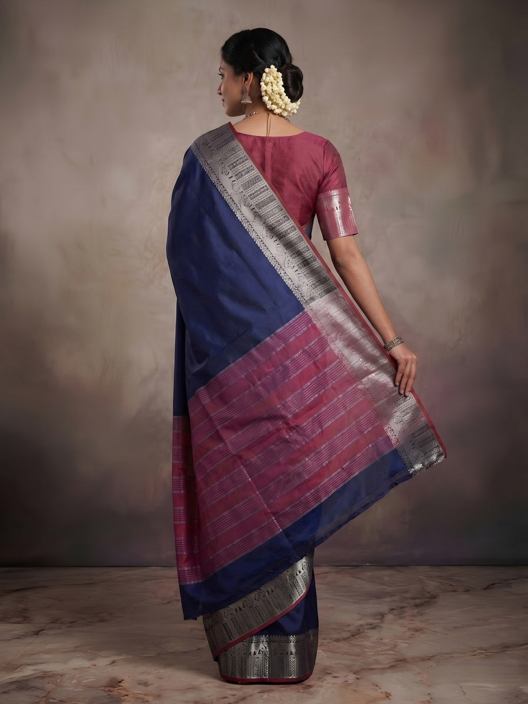 Navy Blue Kanjivaram Silk Saree with Classic Weave and Silver Zari Border - Image 4