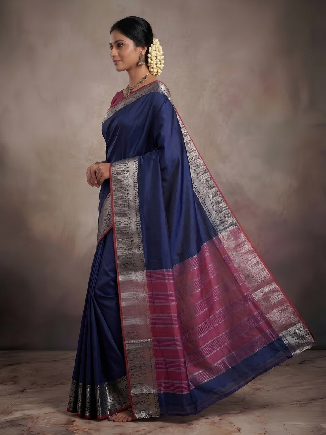 Navy Blue Kanjivaram Silk Saree with Classic Weave and Silver Zari Border - Image 3