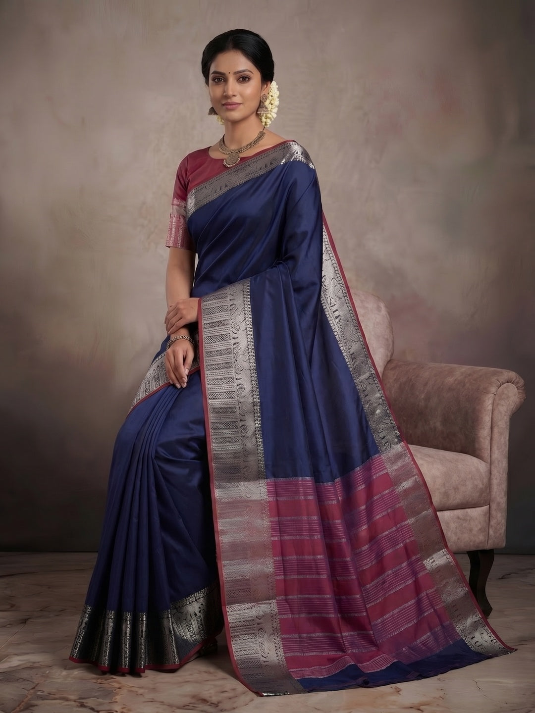Navy Blue Kanjivaram Silk Saree with Classic Weave and Silver Zari Border - Image 2