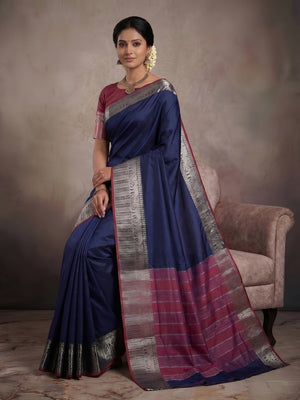 Navy Blue Kanjivaram Silk Saree with Classic Weave and Silver Zari Border - Image 2
