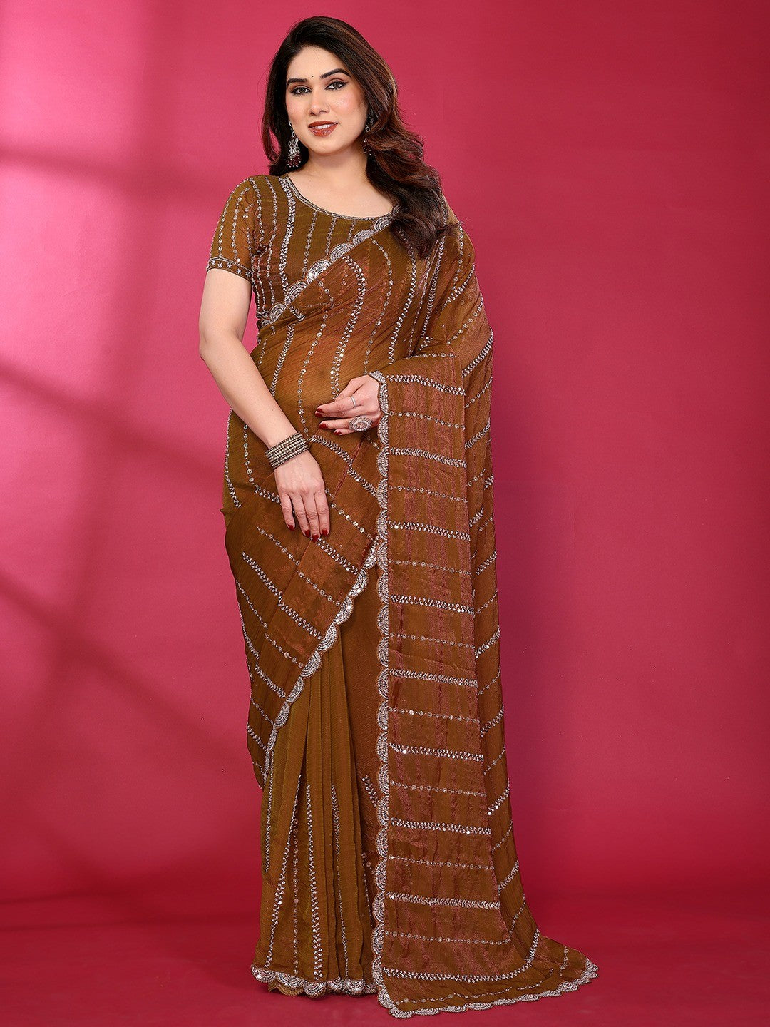 Radiant Brown Striped Pattern Satin Silk Saree Featuring Intricate Sequins & Beads Embellishment - Image 4