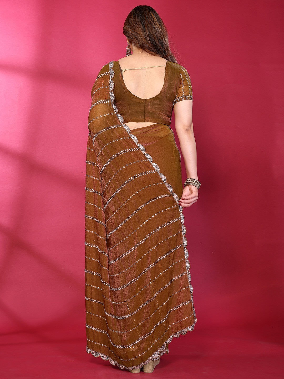 Radiant Brown Striped Pattern Satin Silk Saree Featuring Intricate Sequins & Beads Embellishment - Image 6