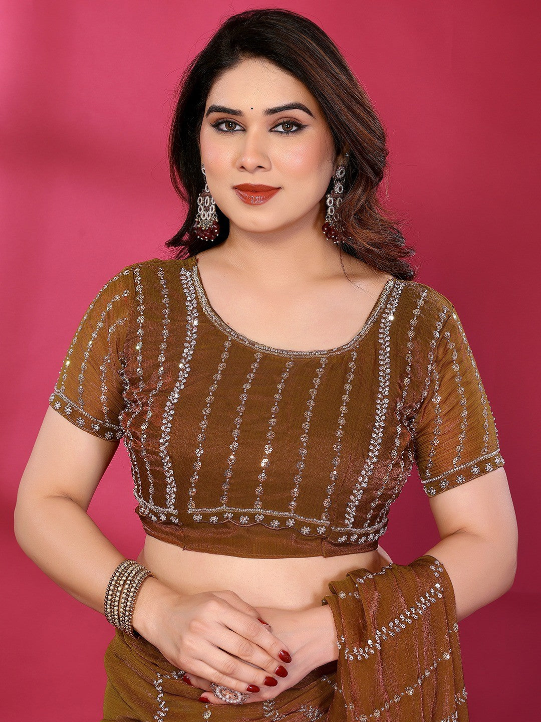 Radiant Brown Striped Pattern Satin Silk Saree Featuring Intricate Sequins & Beads Embellishment - Image 7