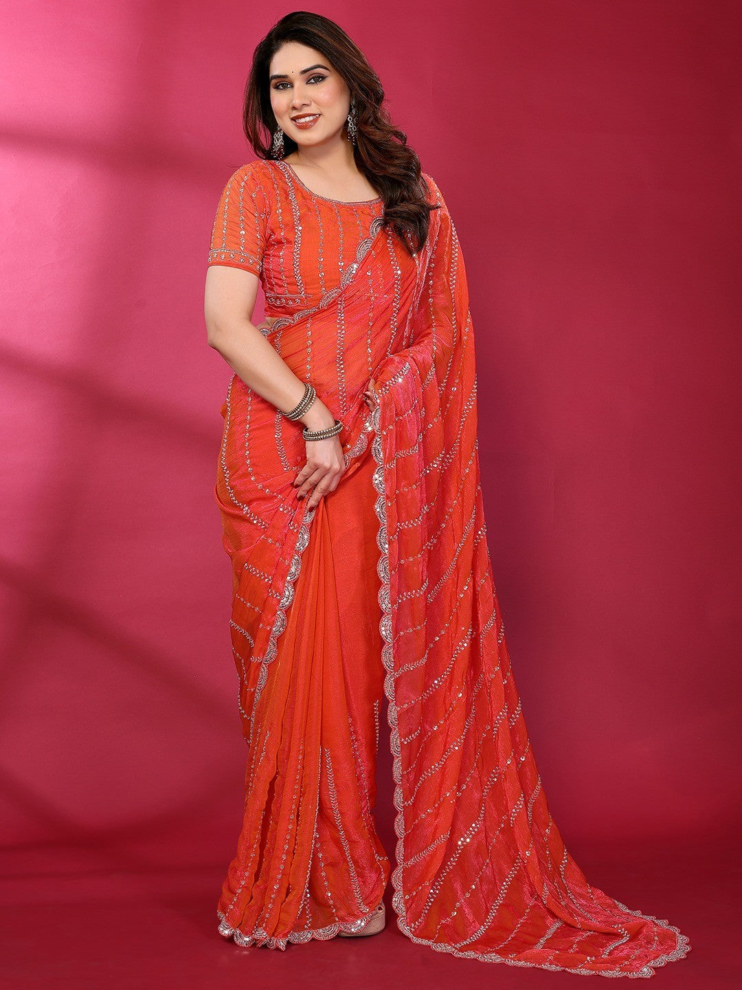 Radiant Gajari Pink Striped Pattern Satin Silk Saree Featuring Intricate Sequins & Beads Embellishment - Image 1