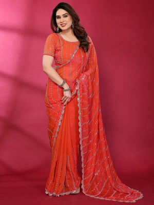 Radiant Gajari Pink Striped Pattern Satin Silk Saree Featuring Intricate Sequins & Beads Embellishment - Image 1