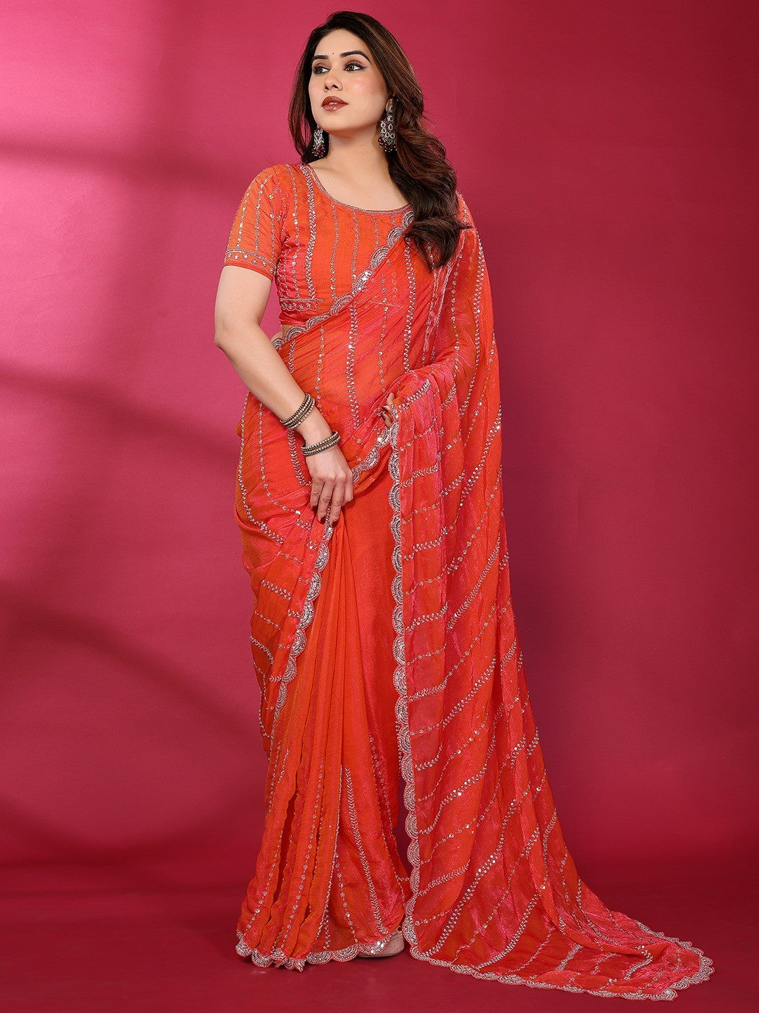 Radiant Gajari Pink Striped Pattern Satin Silk Saree Featuring Intricate Sequins & Beads Embellishment - Image 4