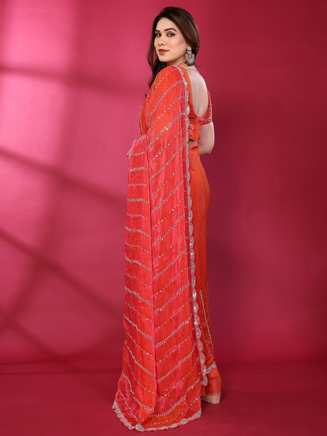 Radiant Gajari Pink Striped Pattern Satin Silk Saree Featuring Intricate Sequins & Beads Embellishment - Image 7