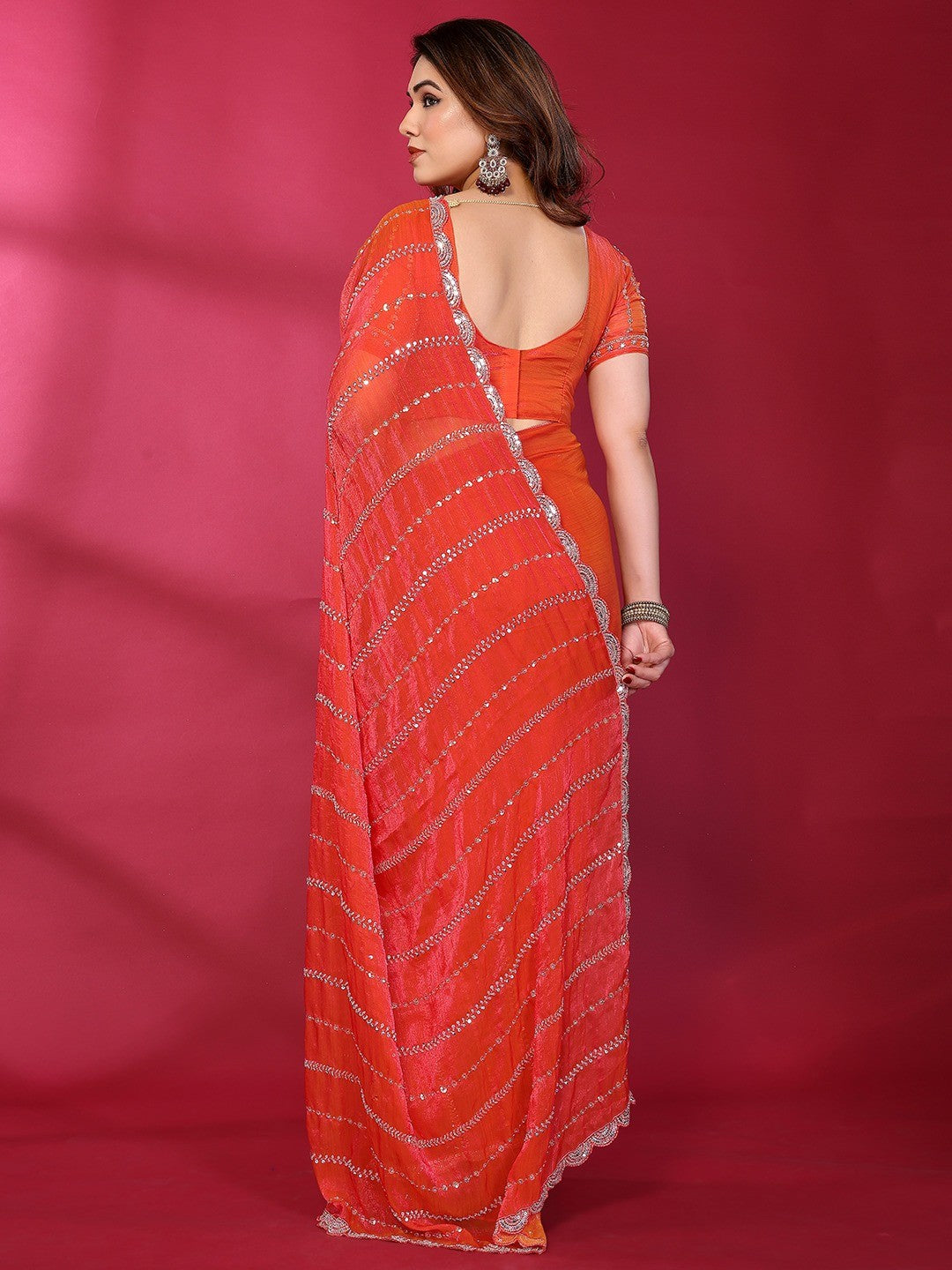 Radiant Gajari Pink Striped Pattern Satin Silk Saree Featuring Intricate Sequins & Beads Embellishment - Image 3