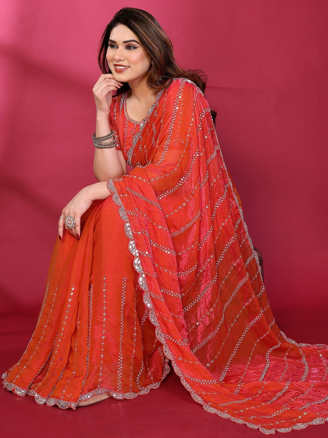 Radiant Gajari Pink Striped Pattern Satin Silk Saree Featuring Intricate Sequins & Beads Embellishment - Image 5