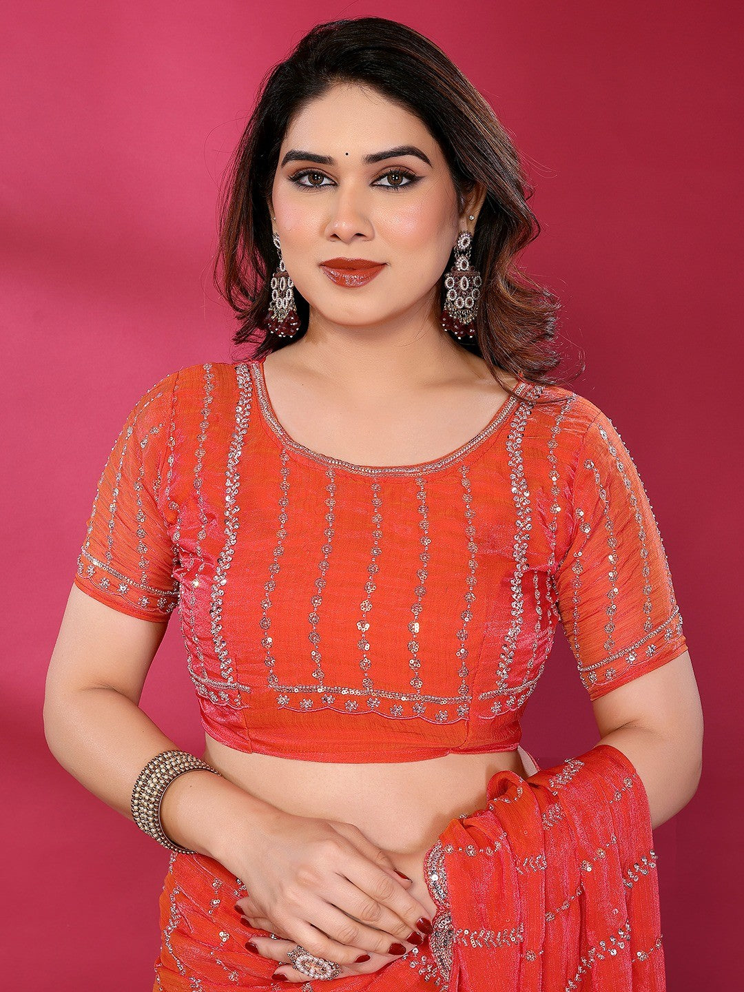 Radiant Gajari Pink Striped Pattern Satin Silk Saree Featuring Intricate Sequins & Beads Embellishment - Image 2