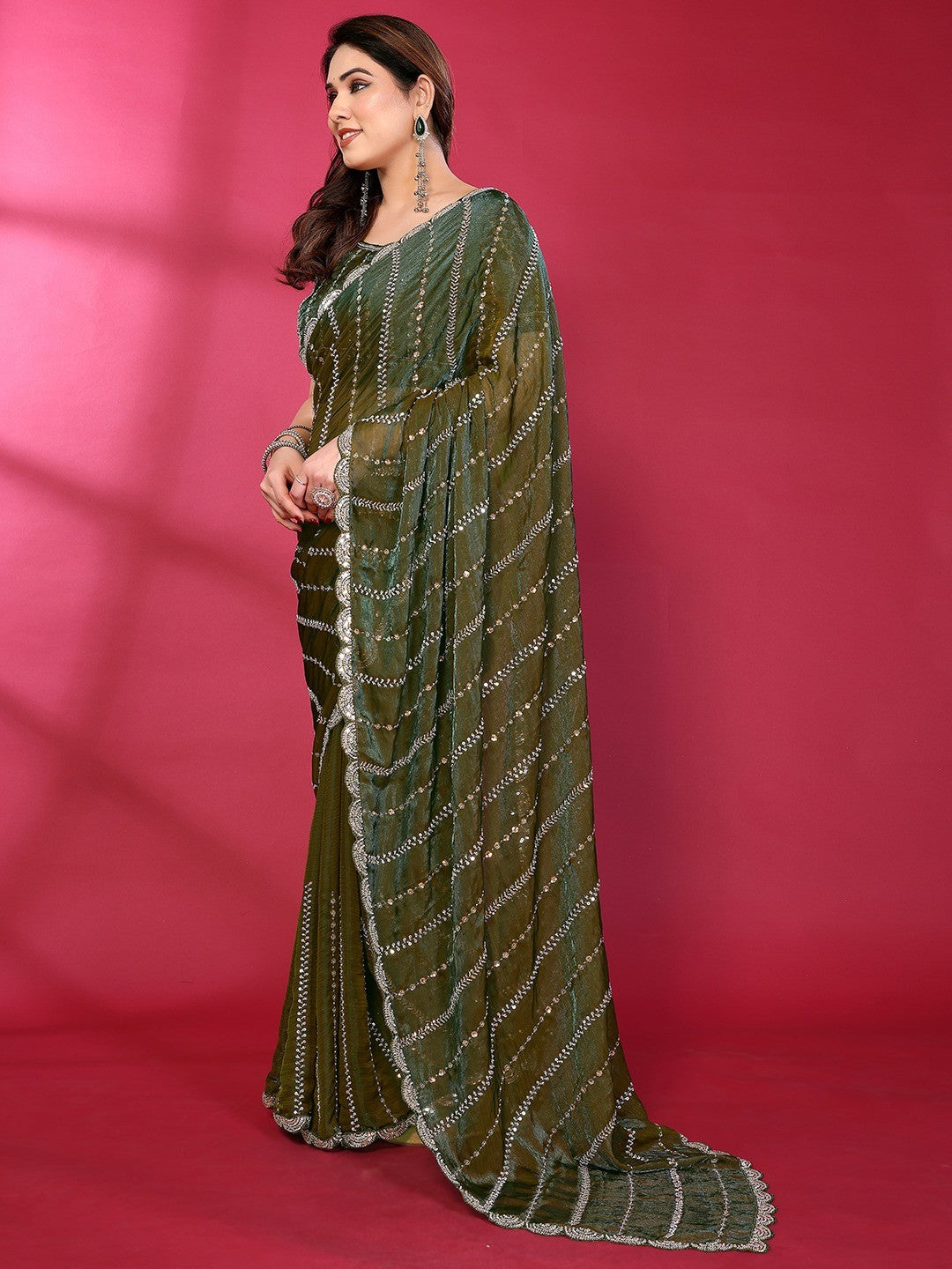 Radiant Green Striped Pattern Satin Silk Saree Featuring Intricate Sequins & Beads Embellishment - Image 7