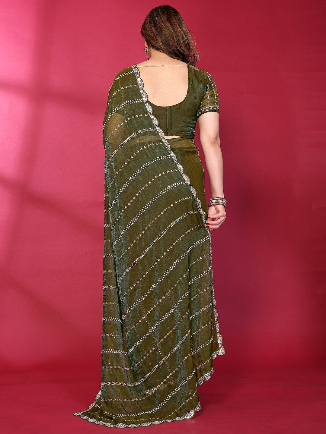 Radiant Green Striped Pattern Satin Silk Saree Featuring Intricate Sequins & Beads Embellishment - Image 9