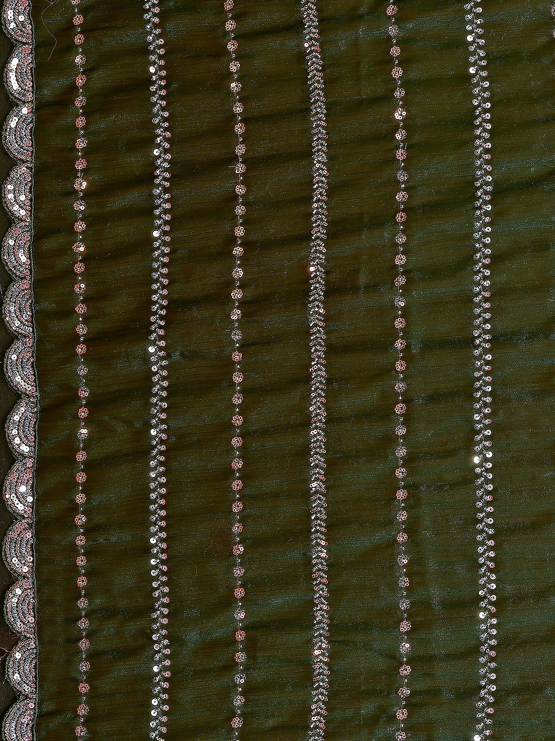 Radiant Green Striped Pattern Satin Silk Saree Featuring Intricate Sequins & Beads Embellishment - Image 2