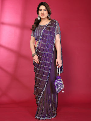 Radiant Purple Striped Pattern Satin Silk Saree Featuring Intricate Sequins & Beads Embellishment - Image 1