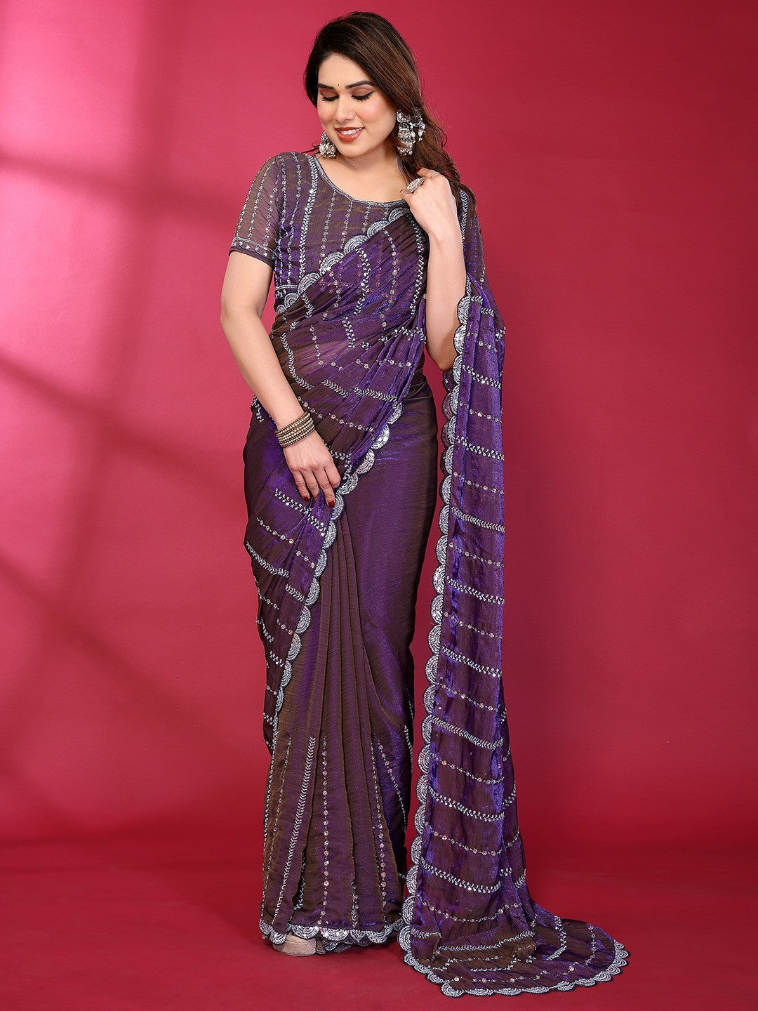 Radiant Purple Striped Pattern Satin Silk Saree Featuring Intricate Sequins & Beads Embellishment - Image 6