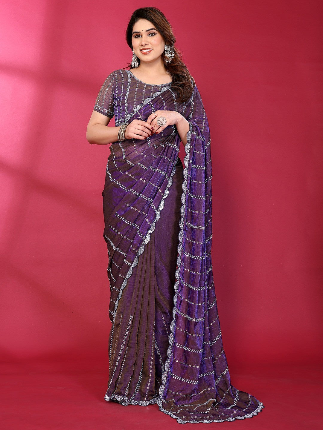Radiant Purple Striped Pattern Satin Silk Saree Featuring Intricate Sequins & Beads Embellishment - Image 8