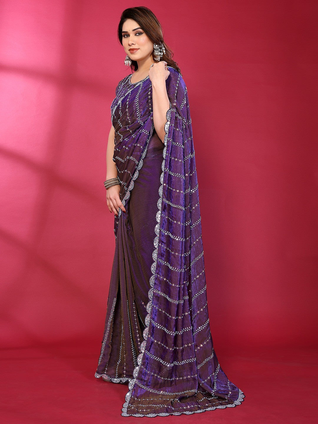 Radiant Purple Striped Pattern Satin Silk Saree Featuring Intricate Sequins & Beads Embellishment - Image 7