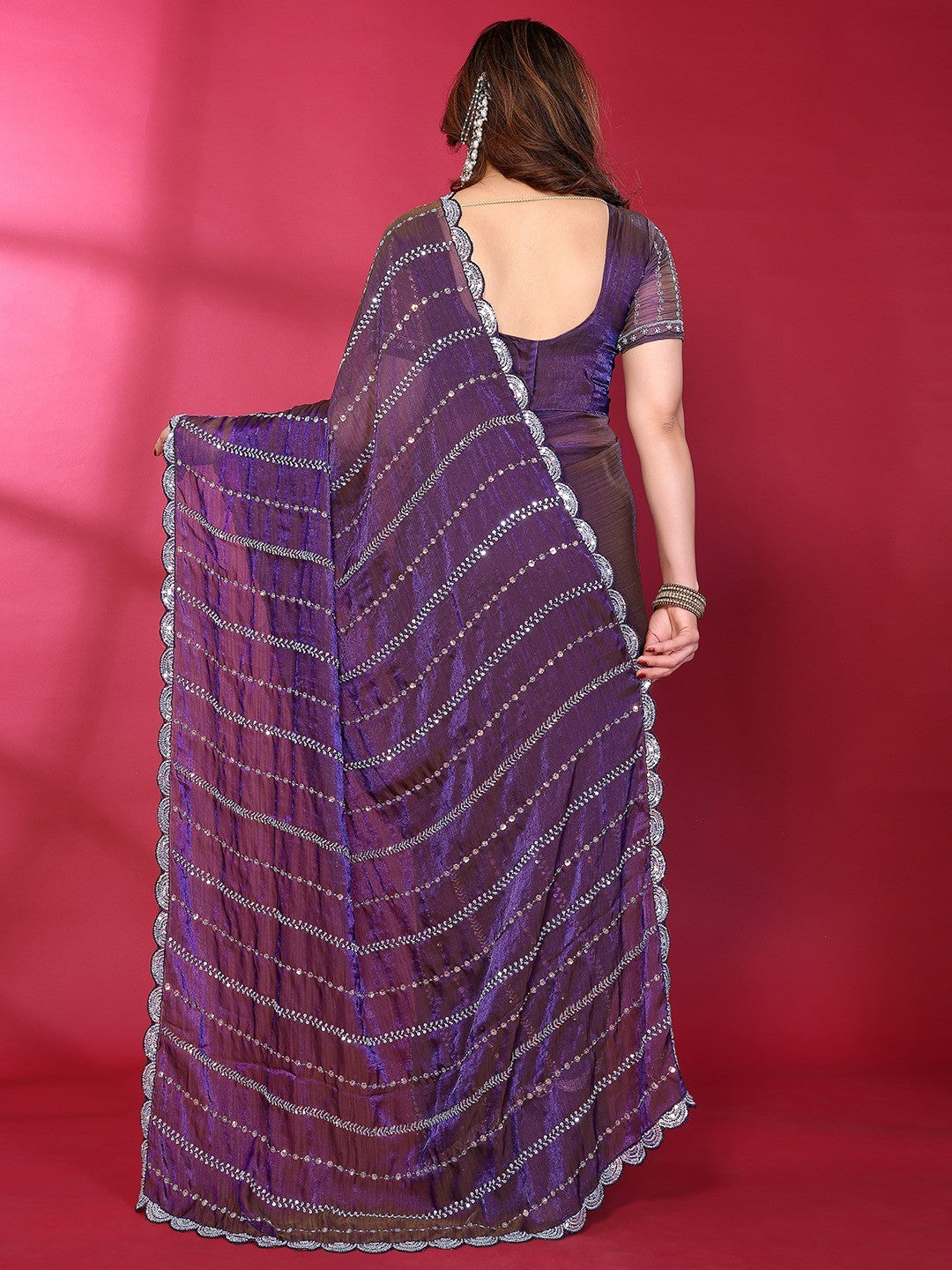 Radiant Purple Striped Pattern Satin Silk Saree Featuring Intricate Sequins & Beads Embellishment - Image 5