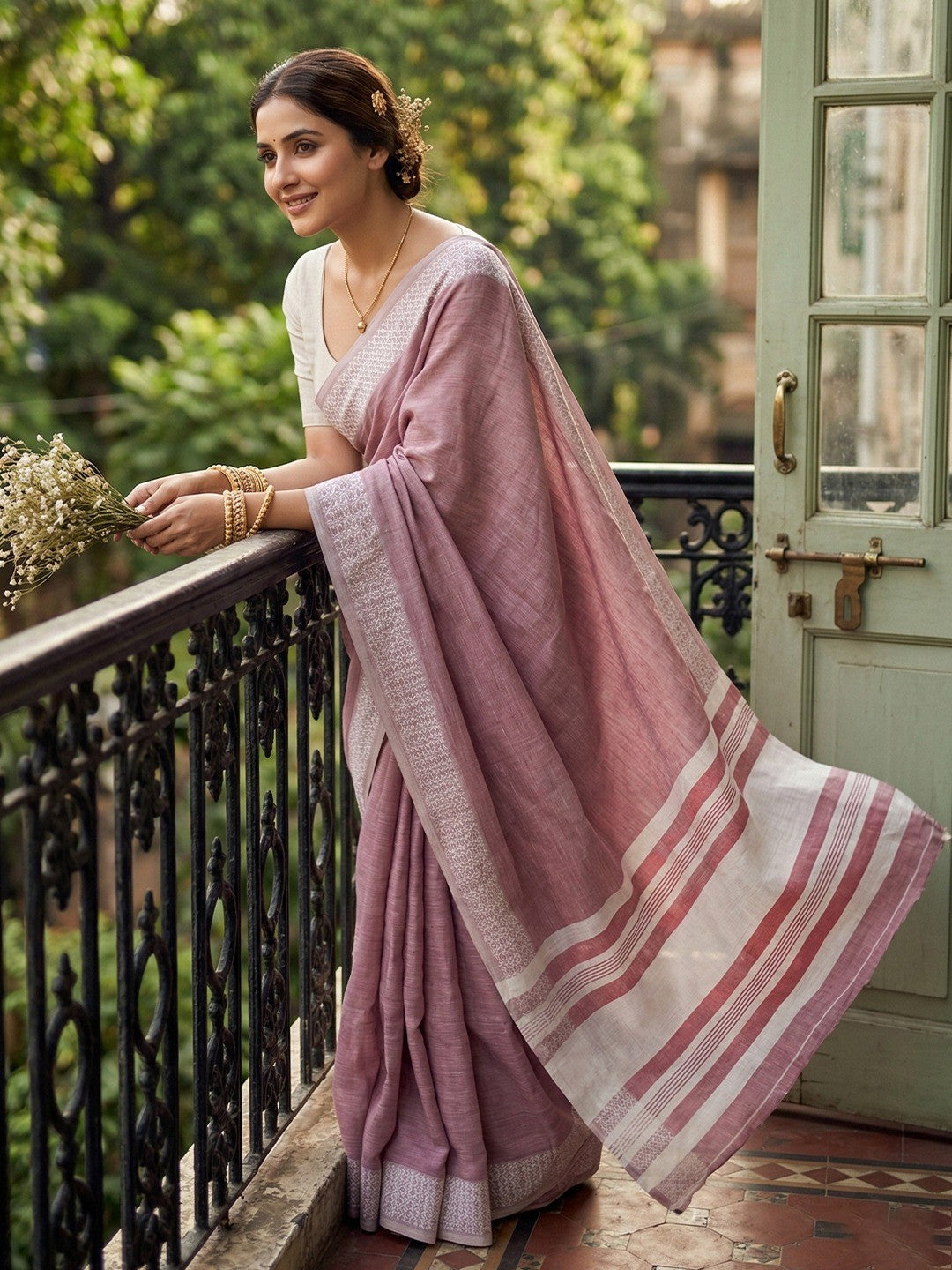 Magenta Linen Saree with Silver Zari Border Stylish Lightweight Ethnic Outfit - Image 2