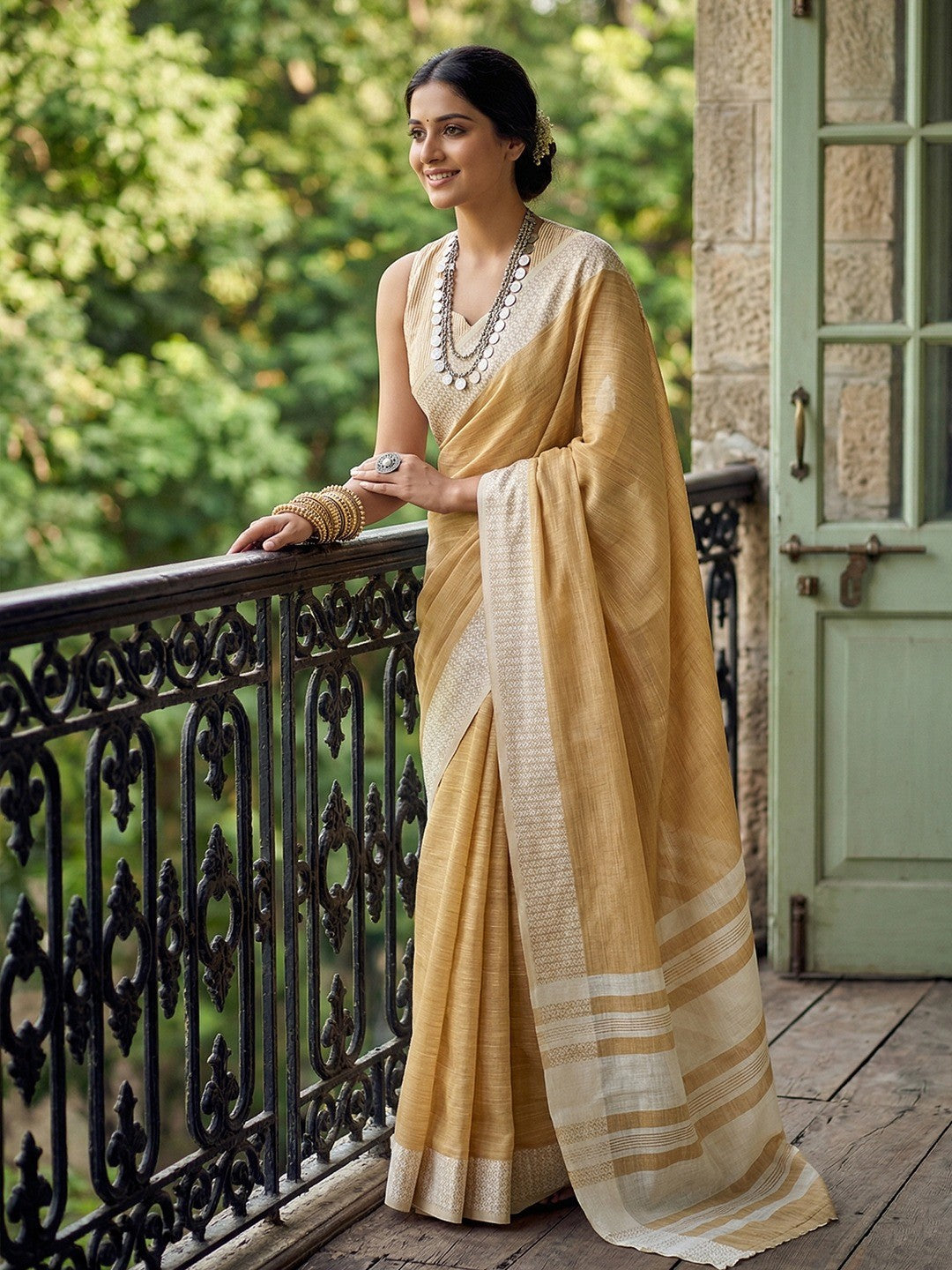 Stylish Mustard Linen Saree with Silver Border Lightweight Festive Wear - Image 2
