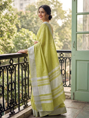 Green Linen Saree with Silver Zari Border Stylish Lightweight Ethnic Outfit - Image 2