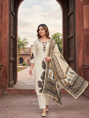 Cream Viscose Floral Embroidered Salwar Suit with Dupatta Ethnic Wear - Image 1